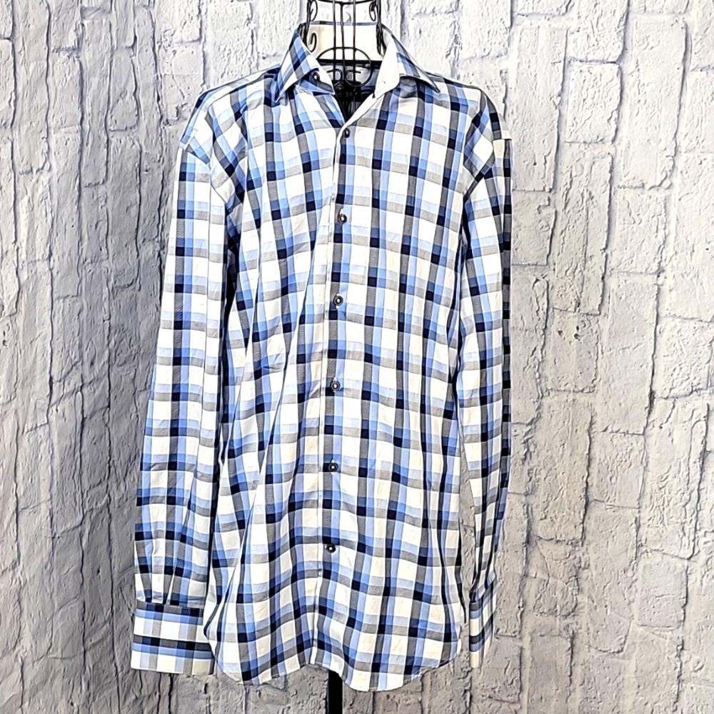 CIRCLE OF GENTLEMEN‎ Blue and White Plaid Yaron Button Up Men's Shirt 39/15 1/2